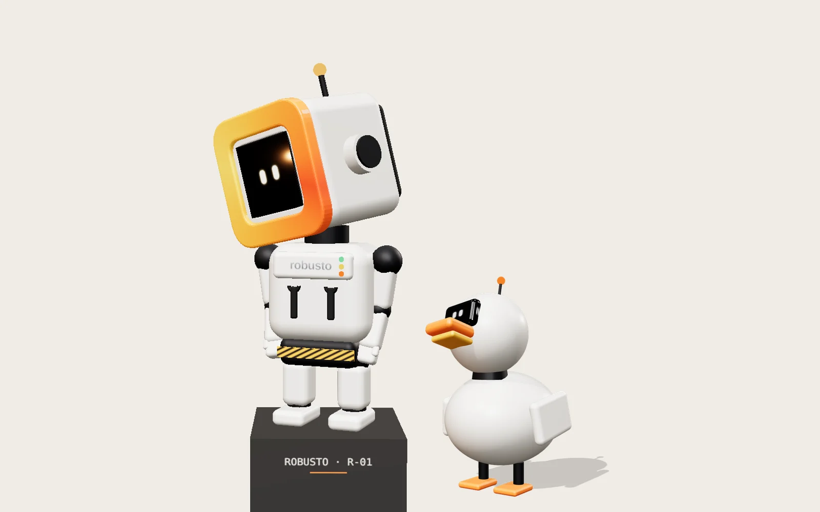 Ilustración: la mascota de Robusto junto a un pato robot